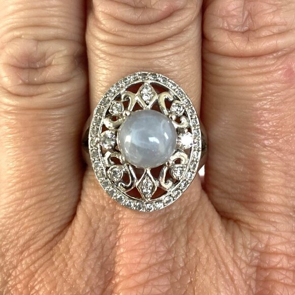 Sterling Silver 925 CFJ Round Moonstone Cabochon Oval Scrollwork Ring Sz 7.75 - Picture 1 of 16